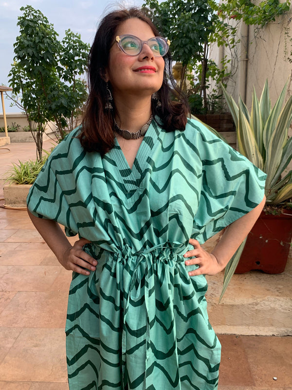 Chevron V-Neck, Knee Length, Cinched Waist Caftan