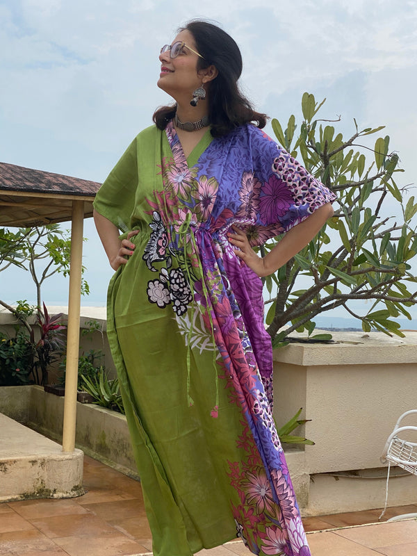 Vibrant Foliage V-Neck, Cinched Waist Ankle Length Kaftan