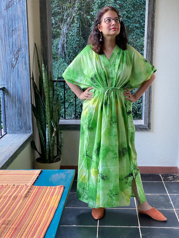 Watercolor Splash V-Neck, Cinched Waist Ankle Length Kaftan