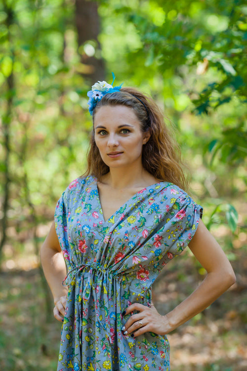 Gray Magic Sleeves Style Caftan in Happy Flowers Pattern