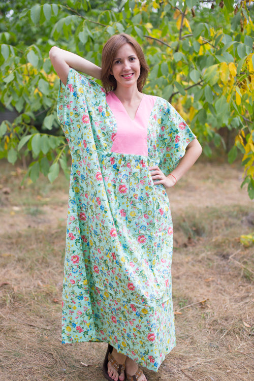 Mint Flowing River Style Caftan in Happy Flowers Pattern