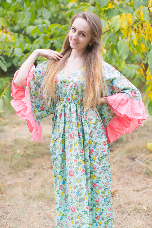 Mint Frill Lovers Style Caftan in Happy Flowers Pattern