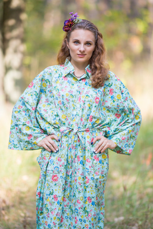 Mint Oriental Delight Style Caftan in Happy Flowers Pattern