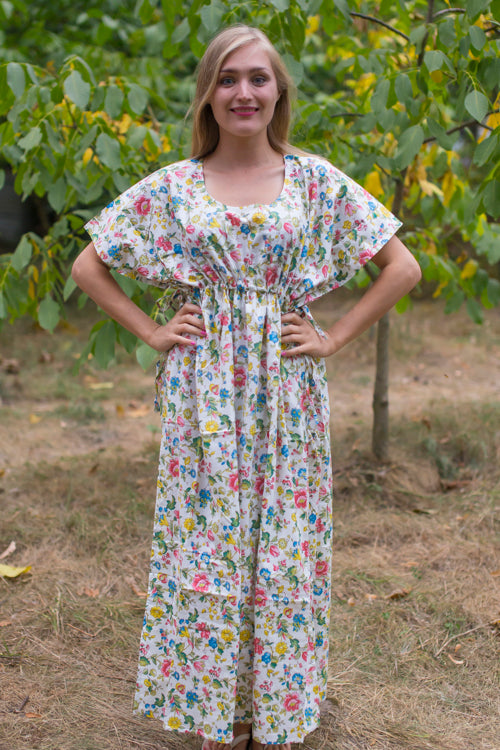 White Side Strings Sweet Style Caftan in Happy Flowers Pattern