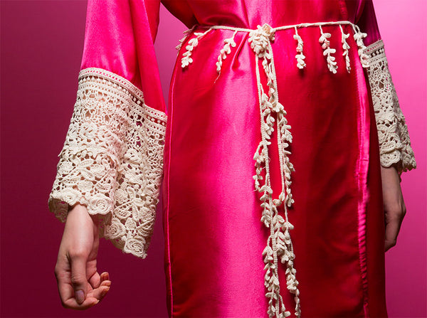 Hot Pink Satin Robe with Lace Accented Cuff