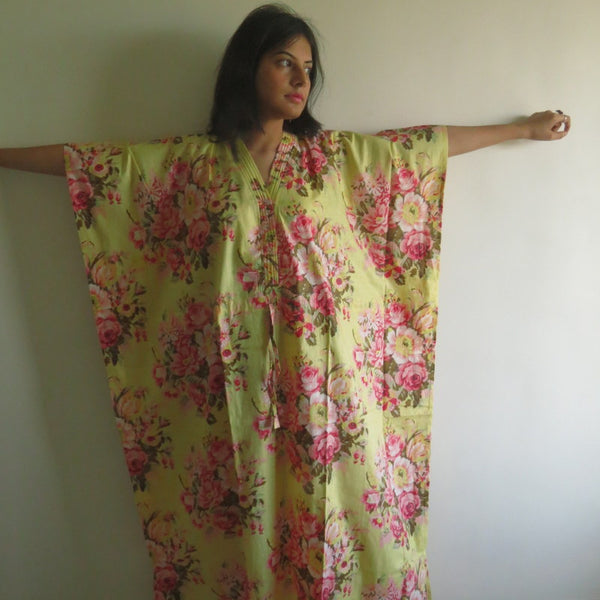 Yellow Floral Rosy Red Posy V-Neck Button Down to Waist, Ankle Length, Cinched Waist Caftan