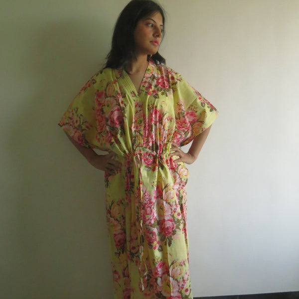 Yellow Floral Rosy Red Posy V-Neck Button Down to Waist, Ankle Length, Cinched Waist Caftan