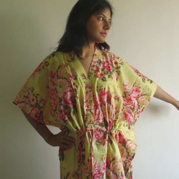 Yellow Floral Rosy Red Posy V-Neck Button Down to Waist, Ankle Length, Cinched Waist Caftan