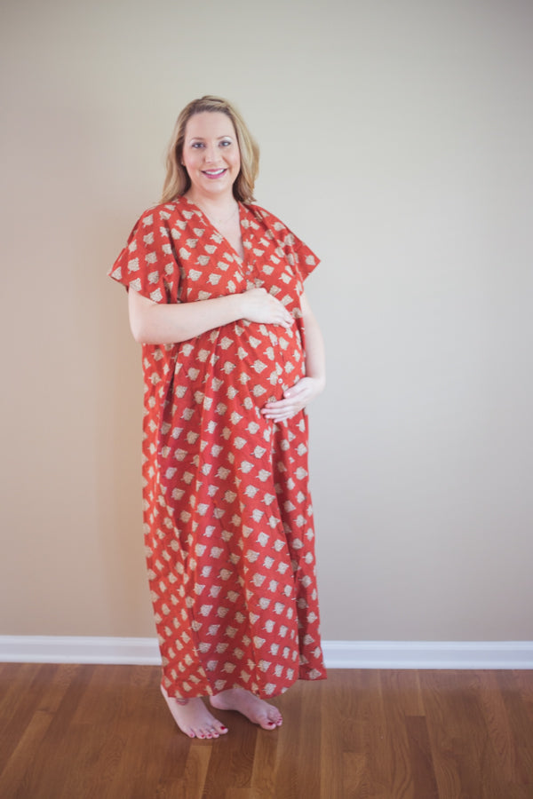 Red Organic Cotton Hand-Blocked Front Buttoned Hospital Gown