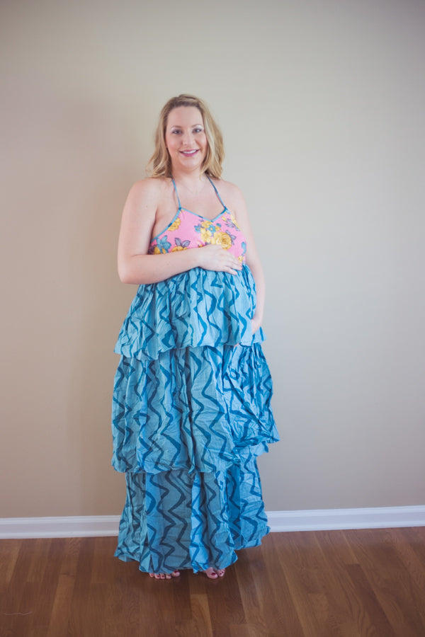 Teal Chevron Frill Maternity Maxi Dress