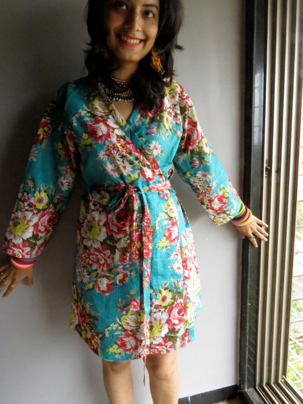 Teal Floral Knee Length, Kimono Crossover Belted Robe- A1 fabric Code