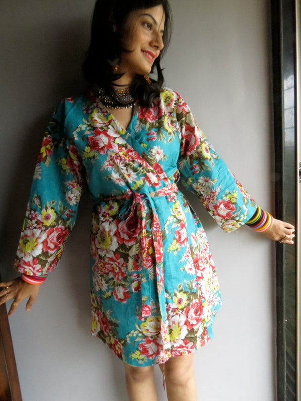 Teal Floral Knee Length, Kimono Crossover Belted Robe- A1 fabric Code