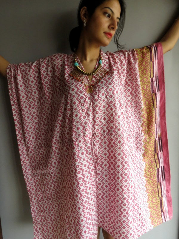 Pink Geometric Chevron V-Neck, Knee Length, Cinched Waist Caftan