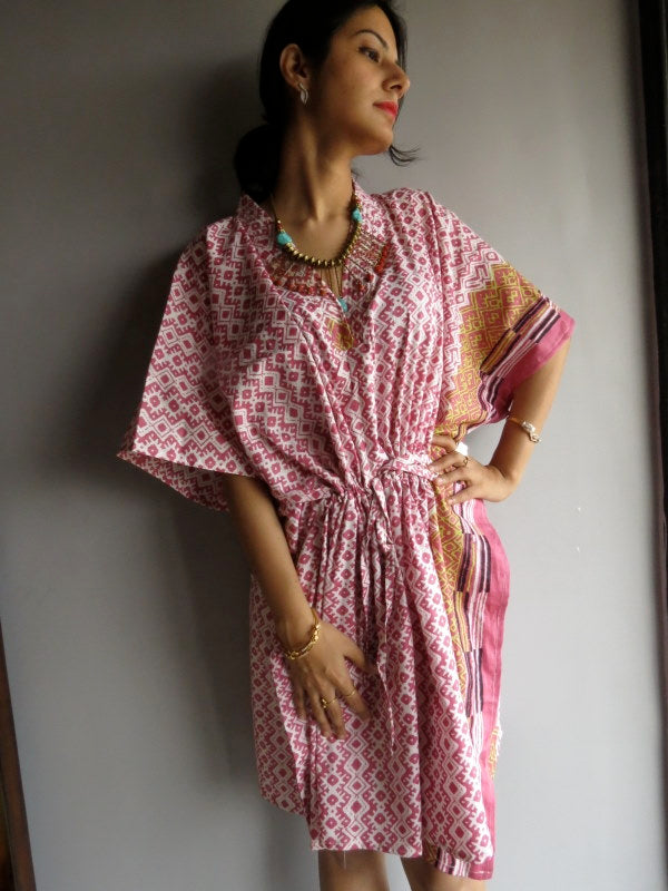 Pink Geometric Chevron V-Neck, Knee Length, Cinched Waist Caftan