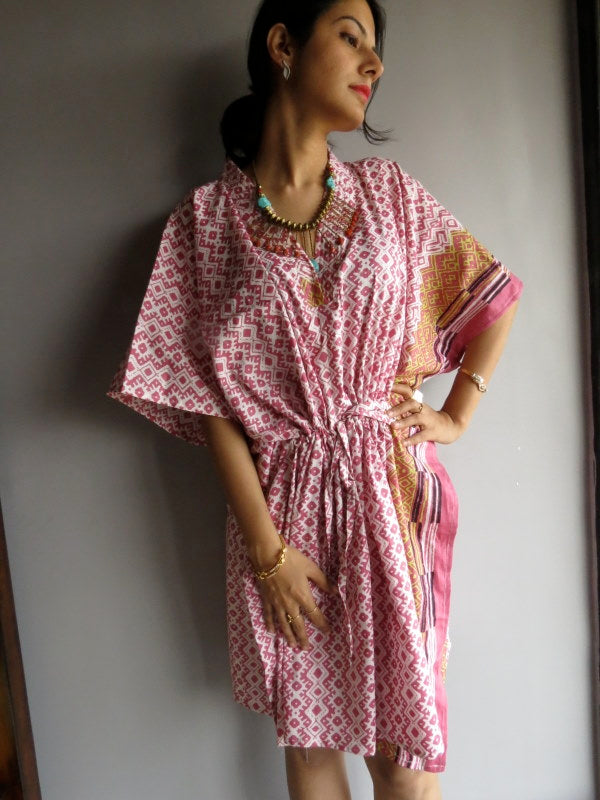 Pink Geometric Chevron V-Neck, Knee Length, Cinched Waist Caftan