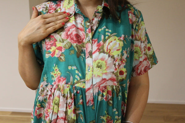 Teal Floral Collared Knee length Maternity Dress