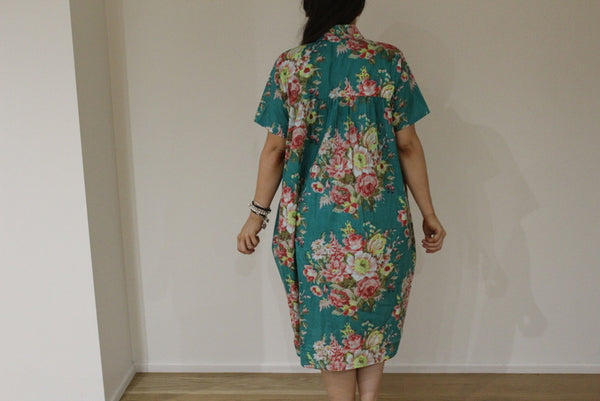 Teal Floral Collared Knee length Maternity Dress