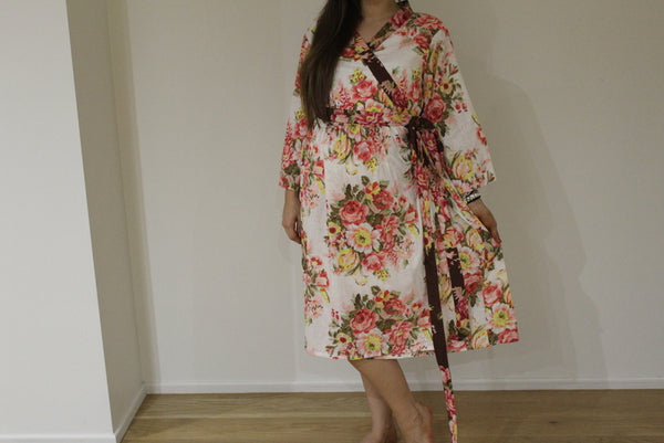 New *Wide In-Built Belt Robe* Floral Knee Length Maternity Hospital Gown