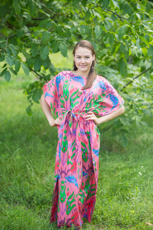 Coral Divinely Simple Style Caftan in Ikat Aztec Pattern