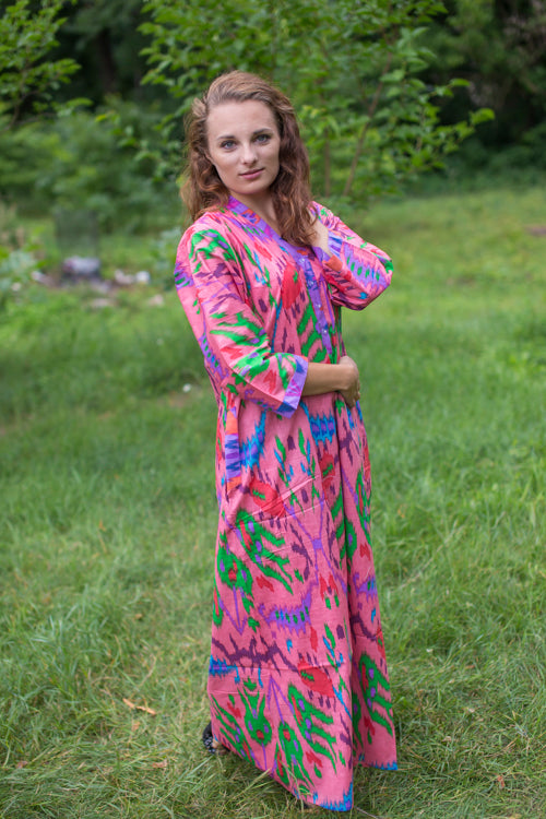 Coral Simply Elegant Style Caftan in Ikat Aztec Pattern