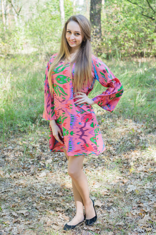 Coral Bella Tunic Style Caftan in Ikat Aztec Pattern