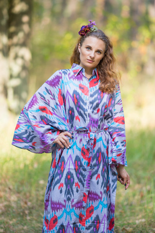 Gray Oriental Delight Style Caftan in Ikat Aztec Pattern