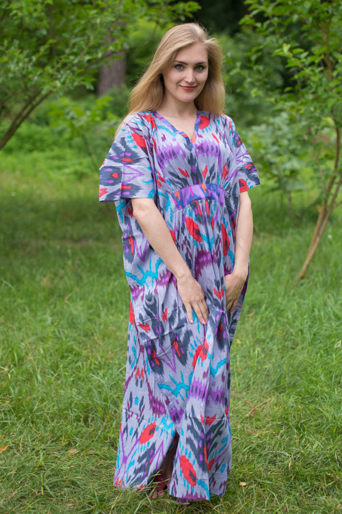 Gray Unfurl Style Caftan in Ikat Aztec Pattern