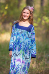 Light Blue Fire Maiden Style Caftan in Ikat Aztec Pattern