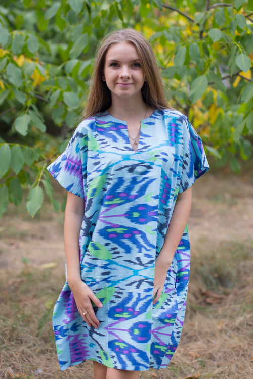 Light Blue Sunshine Style Caftan in Ikat Aztec Pattern