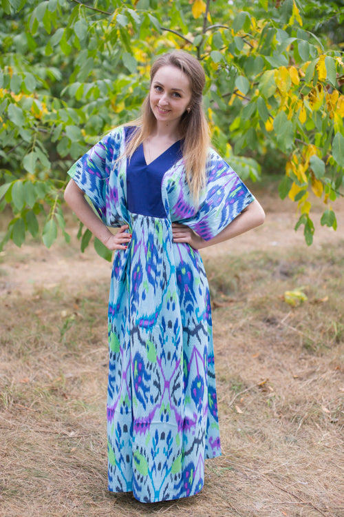 Light Blue Flowing River Style Caftan in Ikat Aztec Pattern
