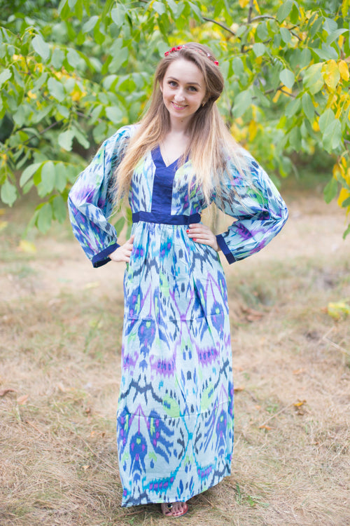 Light Blue My Peasant Dress Style Caftan in Ikat Aztec Pattern
