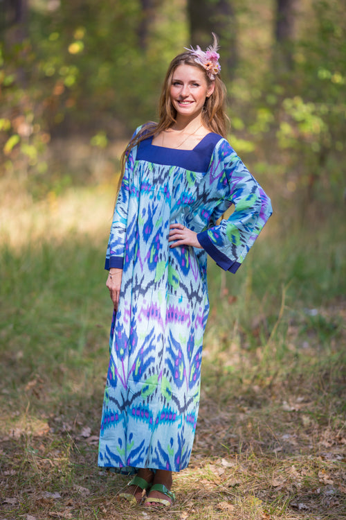 Light Blue Fire Maiden Style Caftan in Ikat Aztec Pattern