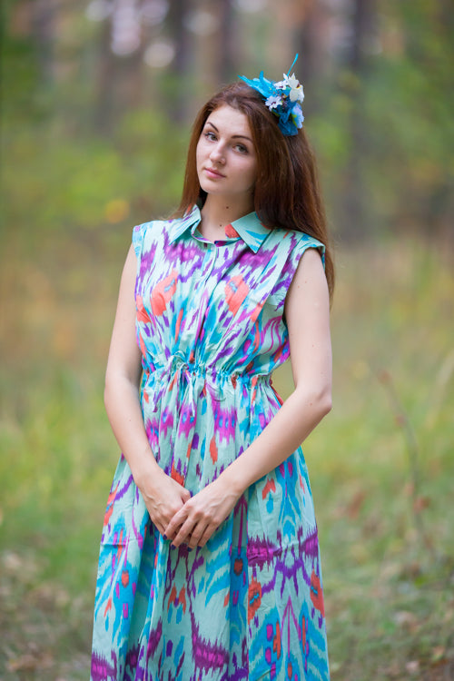 Mint Cool Summer Style Caftan in Ikat Aztec Pattern