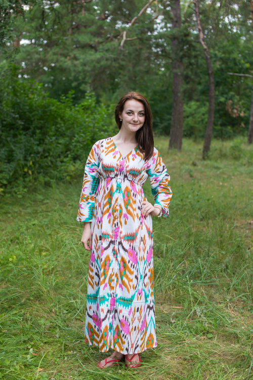 White Mint Button Me Down Style Caftan in Ikat Aztec Pattern