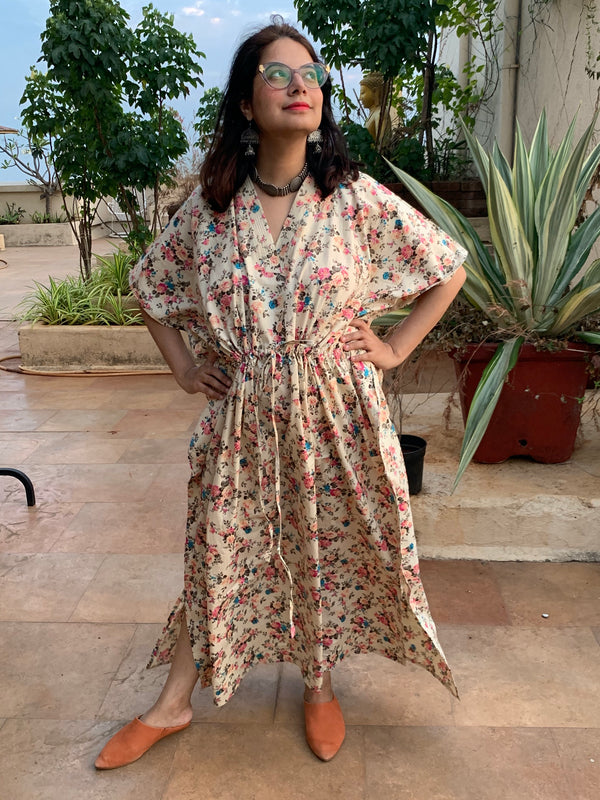 Vintage Floral Chic V-Neck, Cinched Waist Ankle Length Kaftan