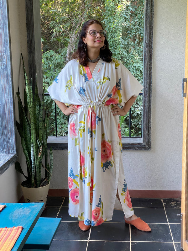 Smiling Blooms V-Neck, Cinched Waist Ankle Length Kaftan