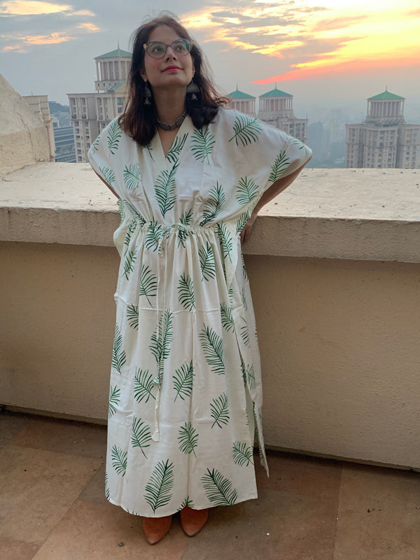 Tropical Delight V-Neck, Cinched Waist Ankle Length Caftan