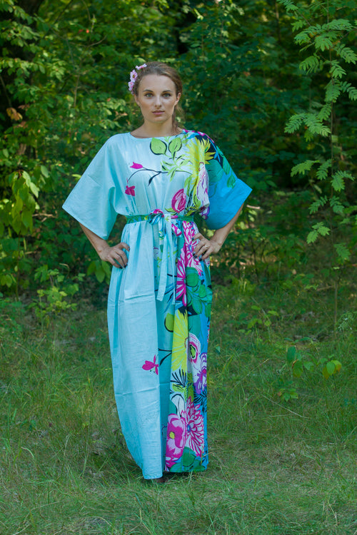 Light Blue Mademoiselle Style Caftan in Jungle of Flowers Pattern