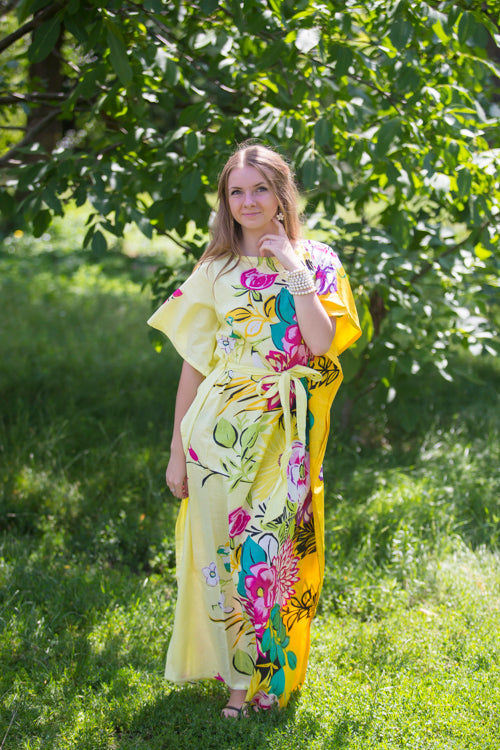 Light Yellow Divinely Simple Style Caftan in Jungle of Flowers Pattern