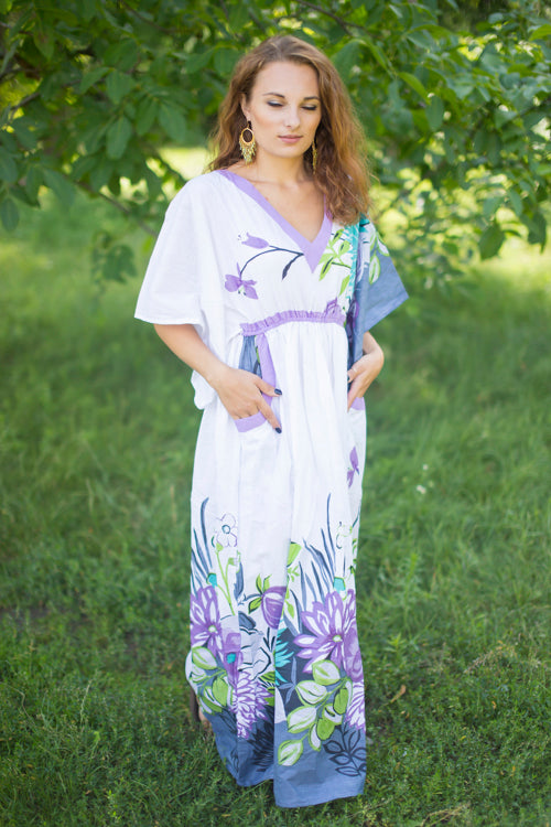 White Gray Breezy Bohemian Style Caftan in Jungle of Flowers Pattern