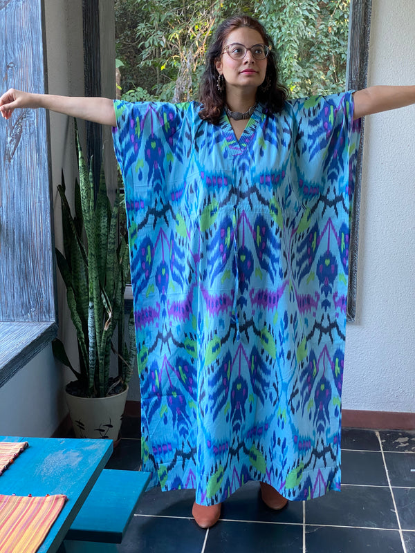 Ikat Aztec V-Neck, Cinched Waist Ankle Length Caftan
