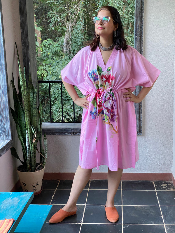 One Long Flower V-Neck, Knee Length, Cinched Waist Kaftan
