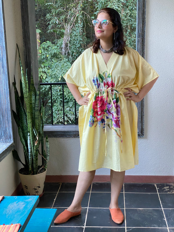 One Long Flower V-Neck, Knee Length, Cinched Waist Kaftan