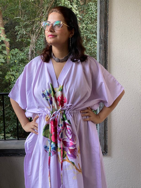 One Long Flower V-Neck, Knee Length, Cinched Waist Kaftan