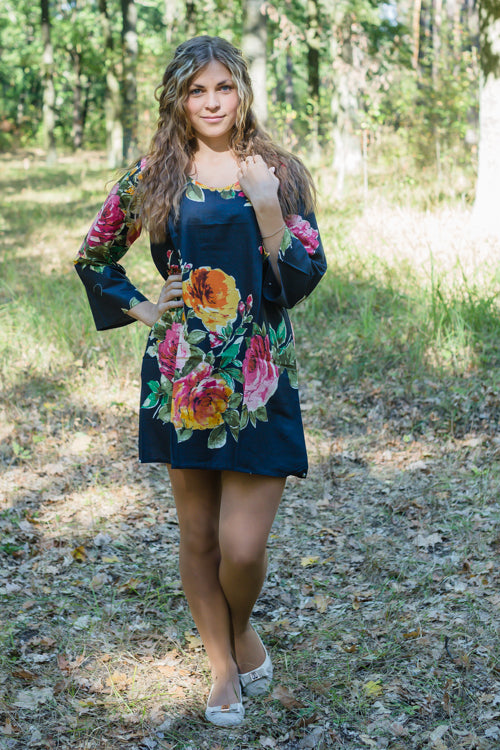 Black Bella Tunic Style Caftan in Large Floral Blossom Pattern