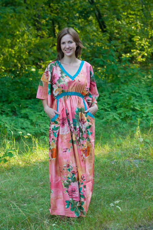 Coral Breezy Bohemian Style Caftan in Large Floral Blossom Pattern
