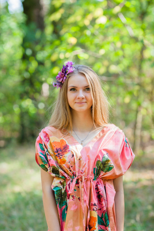 Coral Magic Sleeves Style Caftan in Large Floral Blossom Pattern