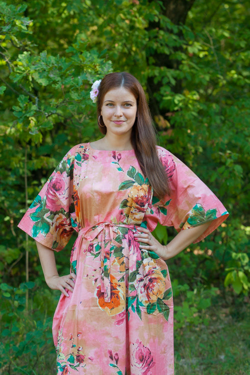 Coral Mademoiselle Style Caftan in Large Floral Blossom Pattern