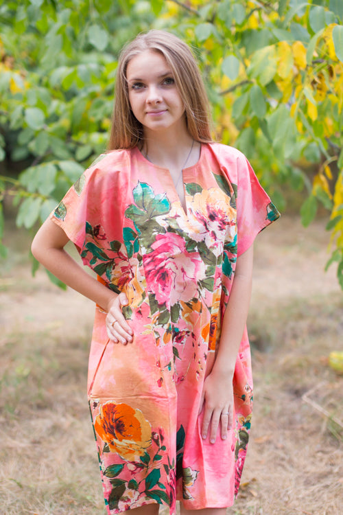 Coral Sunshine Style Caftan in Large Floral Blossom Pattern