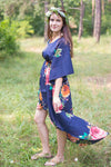 Navy Blue High Low Wind Flow Style Caftan in Large Floral Blossom Pattern